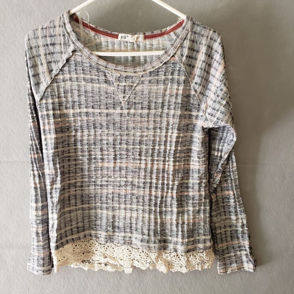 Jolt Womens Plaid Long Sleeve Top Lace Trim Button Cuff Large Poly Rayon Spandex